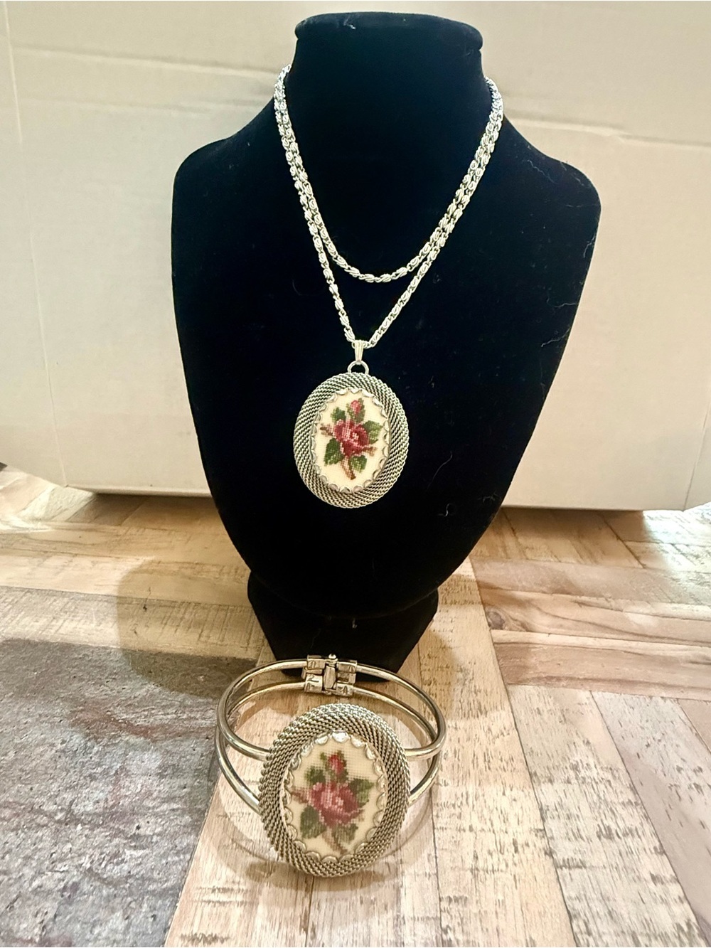 Vintage Petit Point Rose Pendant Necklace & Bangle Set • Silver Tone